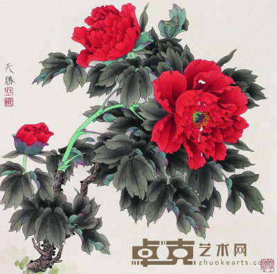 王天胜 工笔红花 镜片 64×64cm