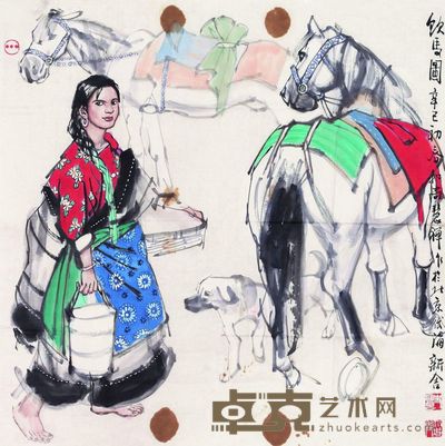史国良 饮马图 软片 68.5×67.5cm