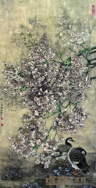 吕明辉 花乌 镜片 184×94cm