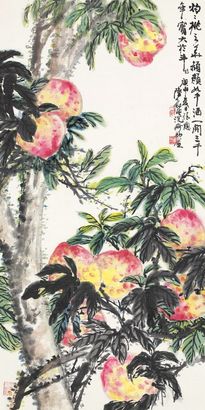 陆抑非 1980年作 寿桃 镜片