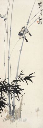 张书旂 1944年作 竹间双戏 立轴