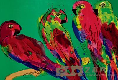 丁雄泉 1990年作 四只鹦鹉 61×91cm