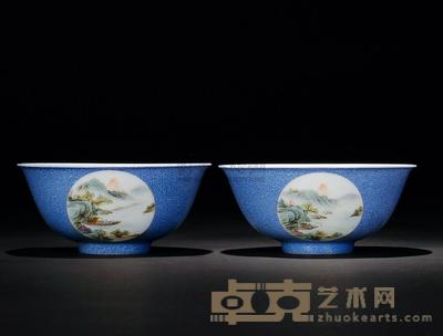 清 蓝地轧道开光山水纹碗 直径11cm