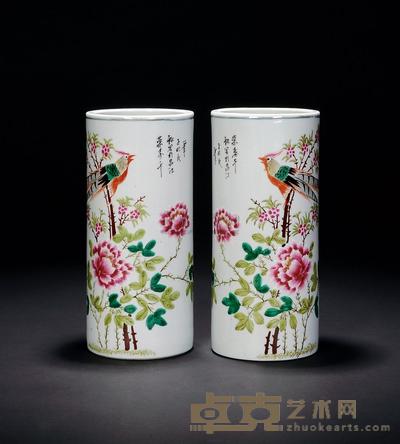 民国 粉彩雉鸡花卉纹帽筒 （一对） 高27cm