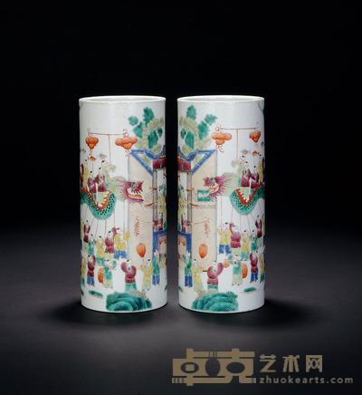 清 粉彩百子图帽筒 （一对） 高28cm