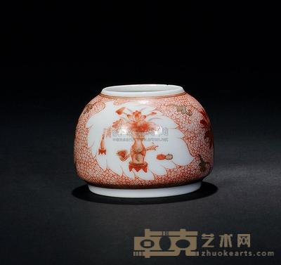 清 矾红描金开光博古纹水丞 直径5cm