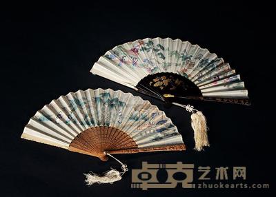 清 檀香•黑漆彩绘人物纹折扇 (一组) 尺寸不一