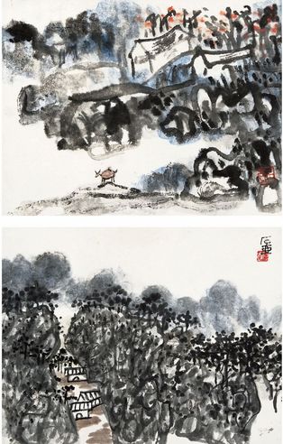 山乡野鹿图·古寺图