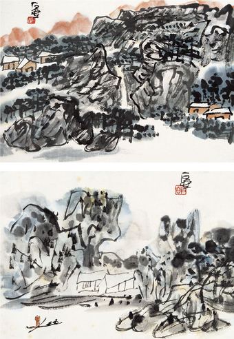 夕阳古寺图·捕鱼图