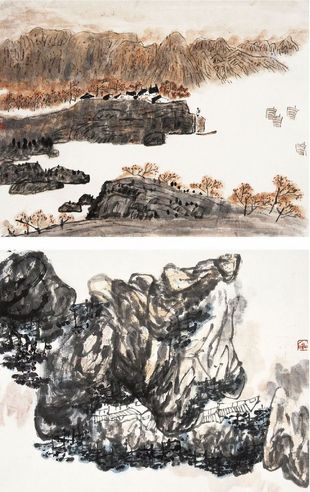 云山村居图·峡江行舟图