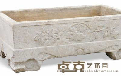 清·白石阳刻花卉纹长方形石盆 76×45×28cm