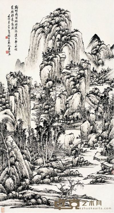 溪山村居图 150.5×81cm