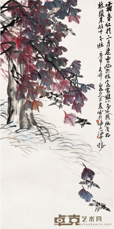 红枫飞雀图 133.5×67cm