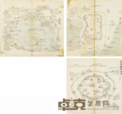 杭州西湖地图、东阳县城池图等二种 34.5×33.8 cm×2,34.5×34.3