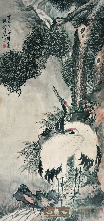 窦璞 清代 仙鹤双寿图 立轴 157×75cm