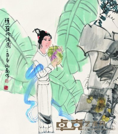 张建岗 2005年作 蕉荫吟诗图 立轴 81.5×73.5cm