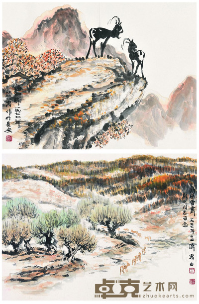 方济众 1977年作 风景 镜心 （二开） 34×44.5cm×2