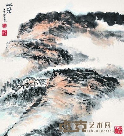 朱屺瞻 1981年作 山水人家 立轴 53×47.5cm