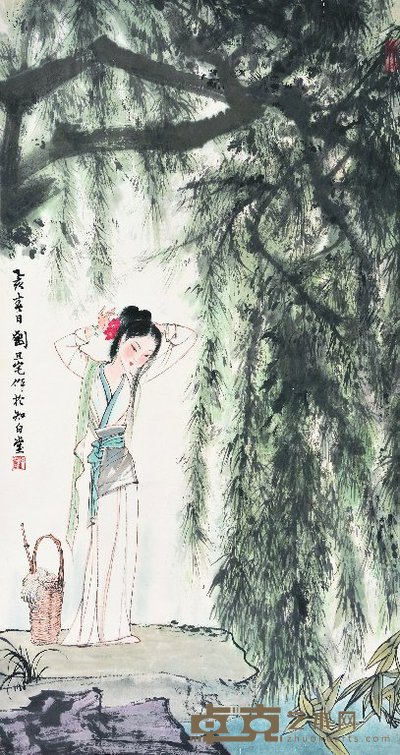 刘旦宅 1995年作 柳荫仕女 立轴 94.5×51cm