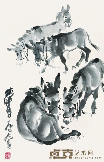 黄胄 1979年作 五驴图 立轴 67.5×44cm