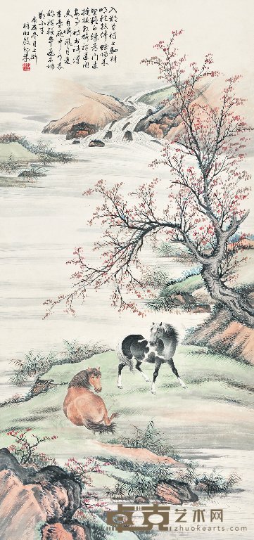 殷梓湘 1940年作 柳荫双马图 立轴 113×52.5cm