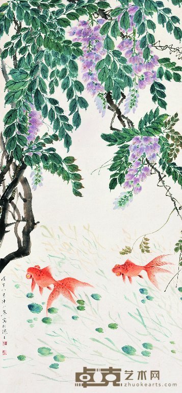 陈小翠 1948年作 翠色双鱼 立轴 93×43cm