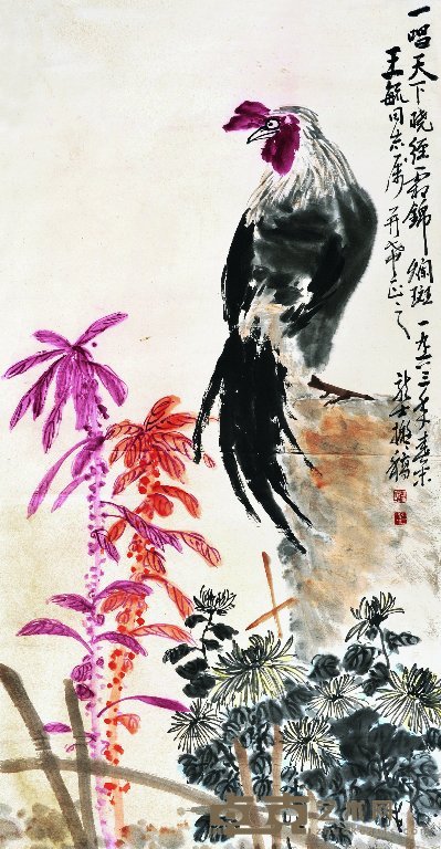 萧龙士 雄鸡 立轴 143×73cm