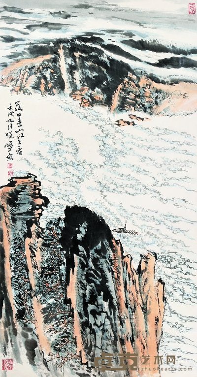 陆严少 1982年作 落日青山江上看 镜心 106.5×55.5cm