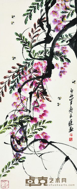 齐良迟 紫藤蜜蜂 立轴 135×55cm