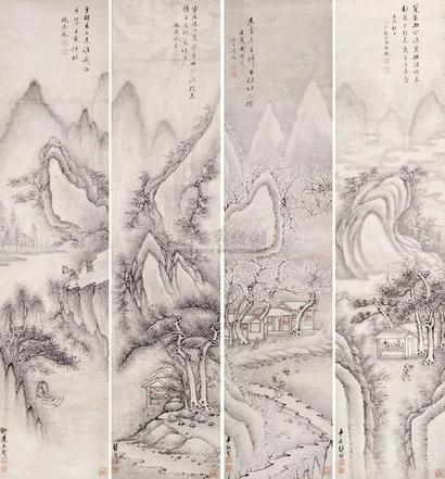 龚贤 山水 四屏