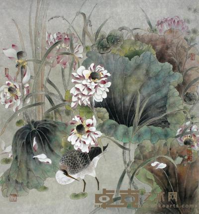 梁时民 辛卯（2011年）作 荷花白鹭 镜片 91×85cm