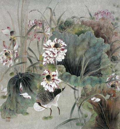 梁时民 辛卯（2011年）作 荷花白鹭 镜片