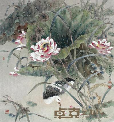 梁时民 辛卯（2011年）作 荷花白鹭 镜片 89×83cm