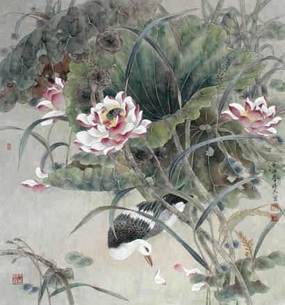 梁时民 辛卯（2011年）作 荷花白鹭 镜片