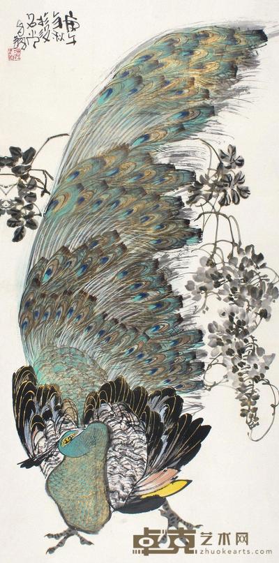 谭昌镕 庚午(1990年)作 孔雀 镜片 68×138cm