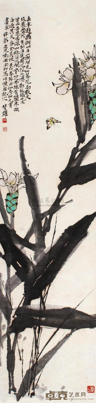 方楚雄 壬戌（1982年）作 山姜花粉蝶 立轴 137.5×33.5cm