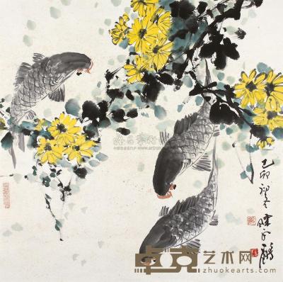陈永锵 己卯（1999年）作 鱼乐图 镜框 68×68cm