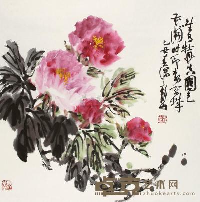 吴静山 乙丑（1985年）作 牡丹图 镜片 68×68cm