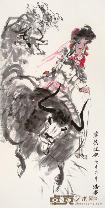 刘济荣 戊子（2008年）作 草原放歌 镜片 138.5×70cm