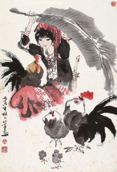 陈衍宁 丙寅（1986年）作 少女与鸡 镜框