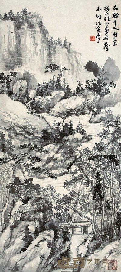 李研山 戊寅（1938年）作 山水 立轴 83×37cm