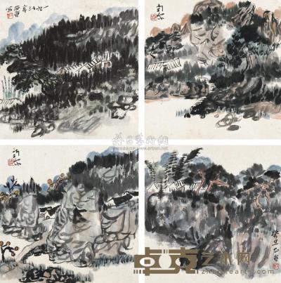 陈子庄 癸丑（1973年）作 山水 （四帧） 镜片 33.5×33.5cm×4