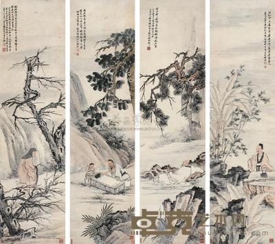 冯超然 丁巳(1917年)作 人物 四屏 148×39cm×4