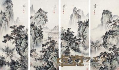 吴湖帆 甲午（1954年）作 山水 四屏 99×40cm×4