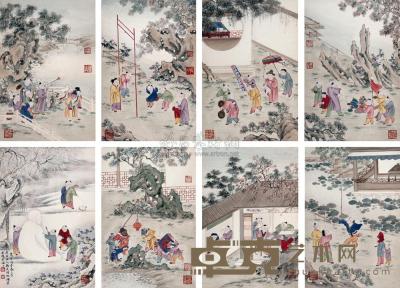 孙瘦石 吴湖帆 丙子（1936年）作 婴戏图 册页 （八开） 38.5×26.5cm×8