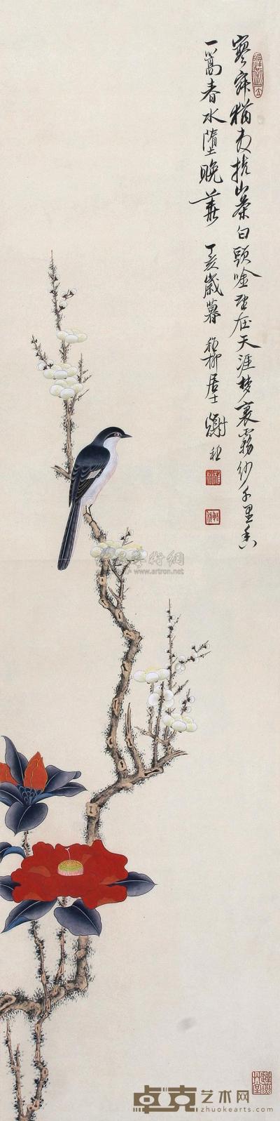 谢稚柳 丁亥（1947年）作 花鸟 镜片 109×28cm
