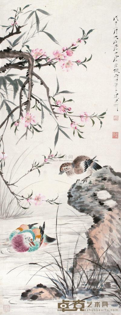 唐云 戊子（1948年）作 桃花鸳鸯 镜片 110×42cm