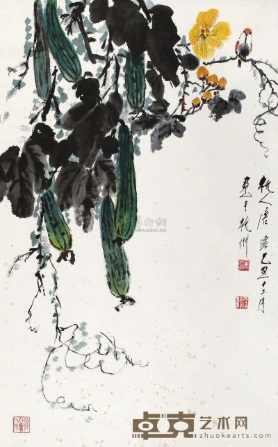 唐云 乙丑（1985年）作 丝瓜小鸟 立轴 97×60cm
