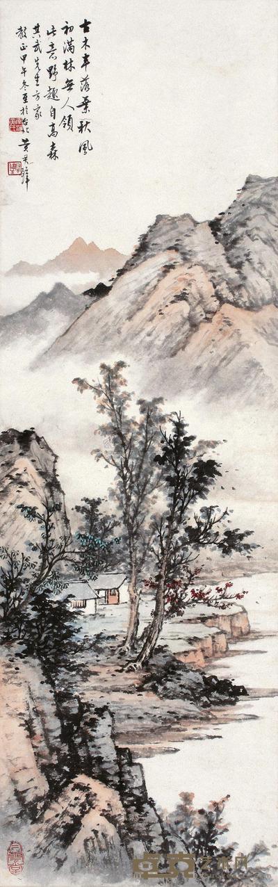 黄君璧 甲午(1954年)作 古木秋风 立轴 89×28cm