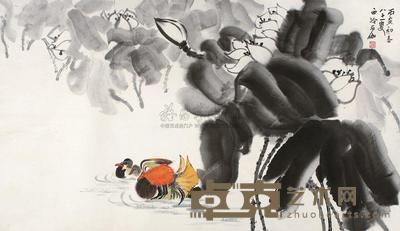 申石伽 丙寅(1986年)作 荷花鸳鸯 镜片 68.5×121cm